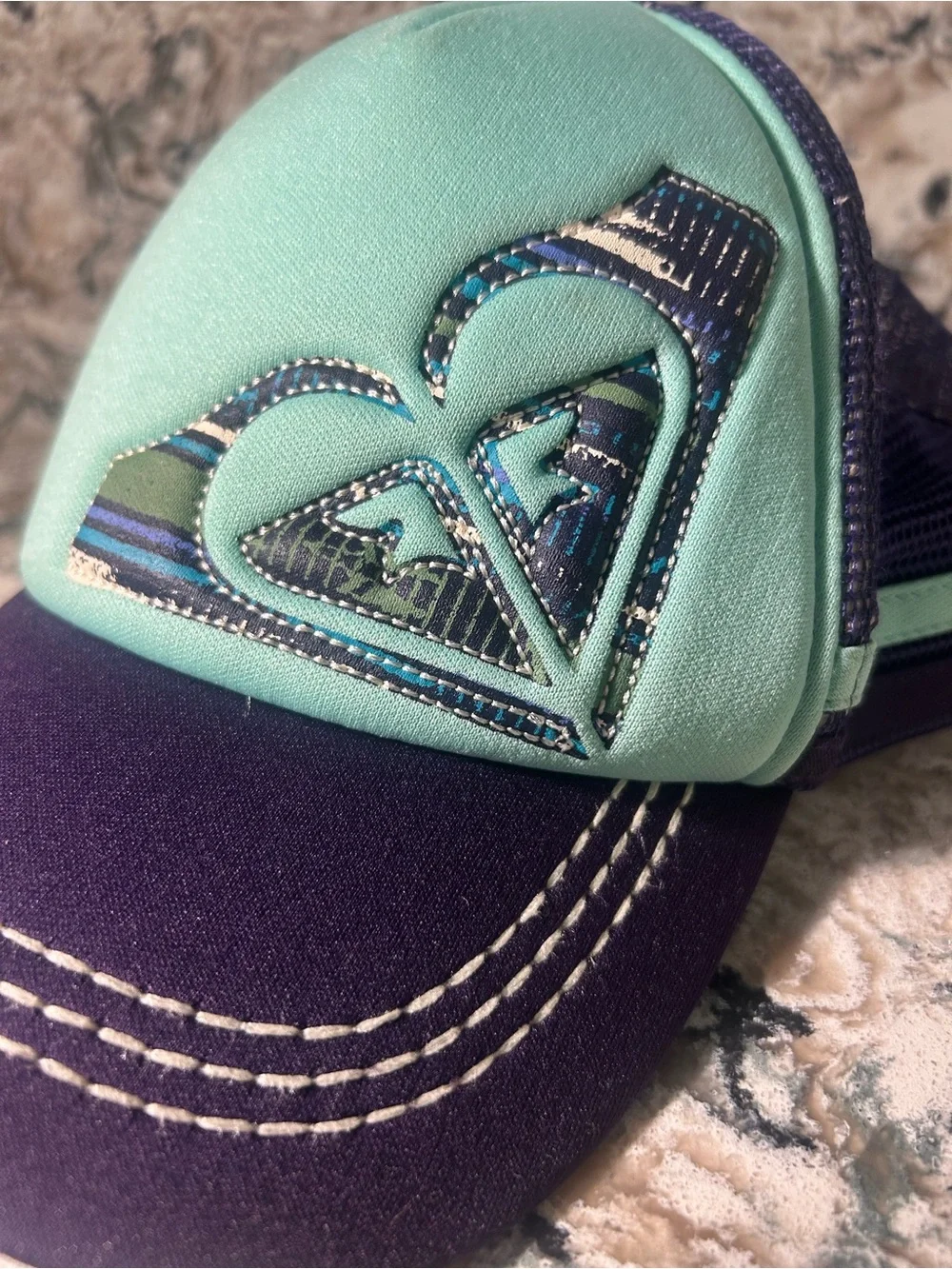 Y2K Roxy Mint and Purple Logo Trucker/surf Hat size small